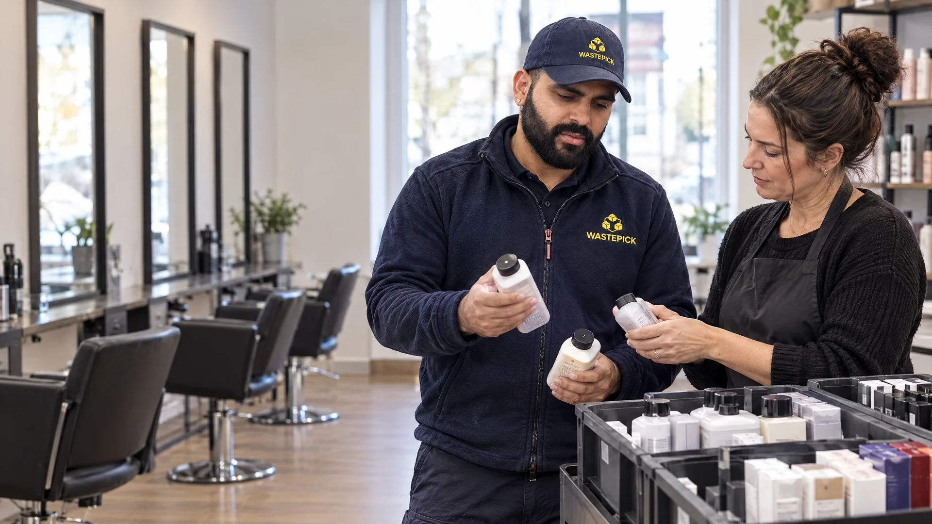 AI-illustrerad arbetssituation: Javier går igenom kemiska produkter med en frisör i salongen