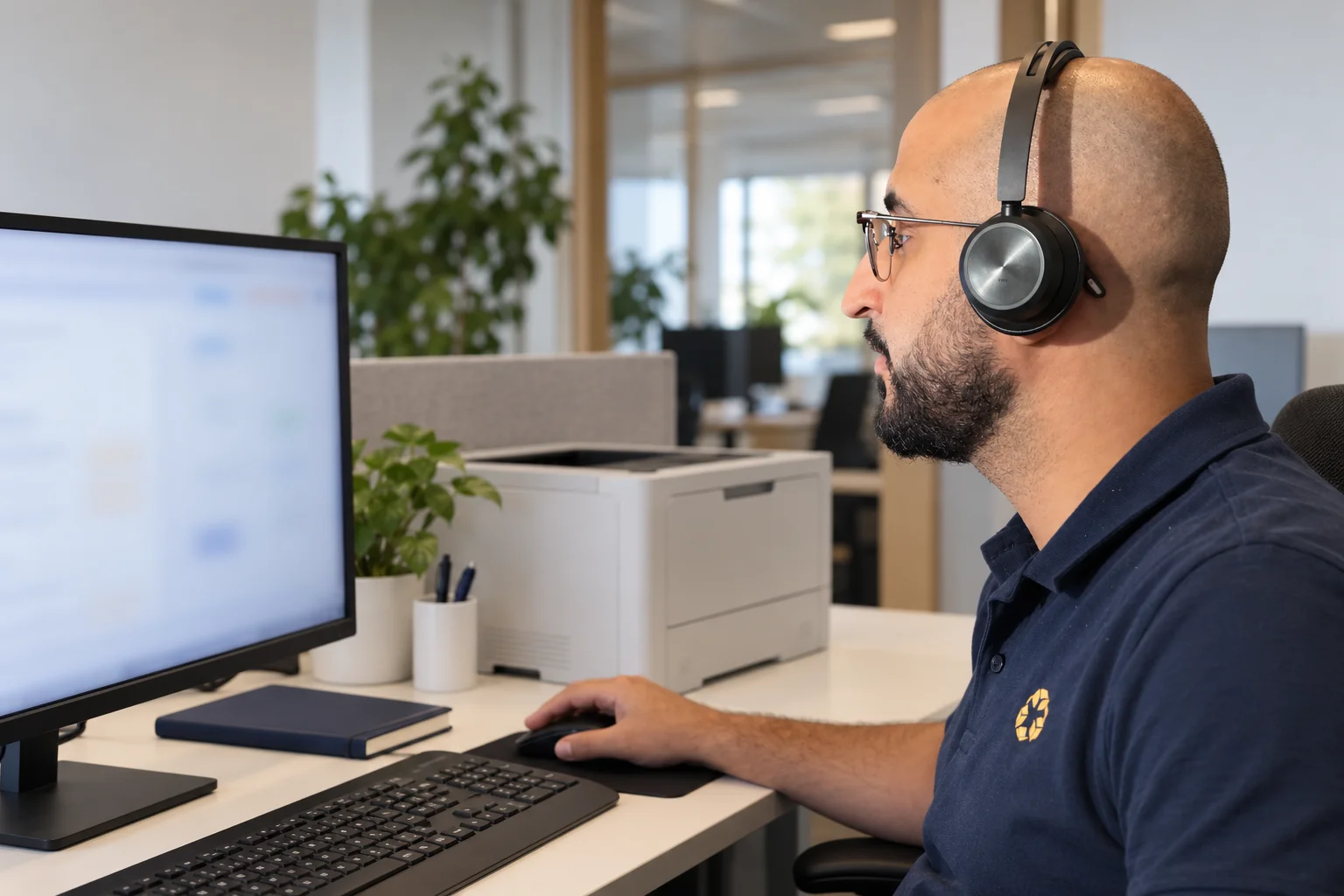 AI-bearbetad bild av Nessim Bakir vid dator och telefon, som illustration av kundkontakt.