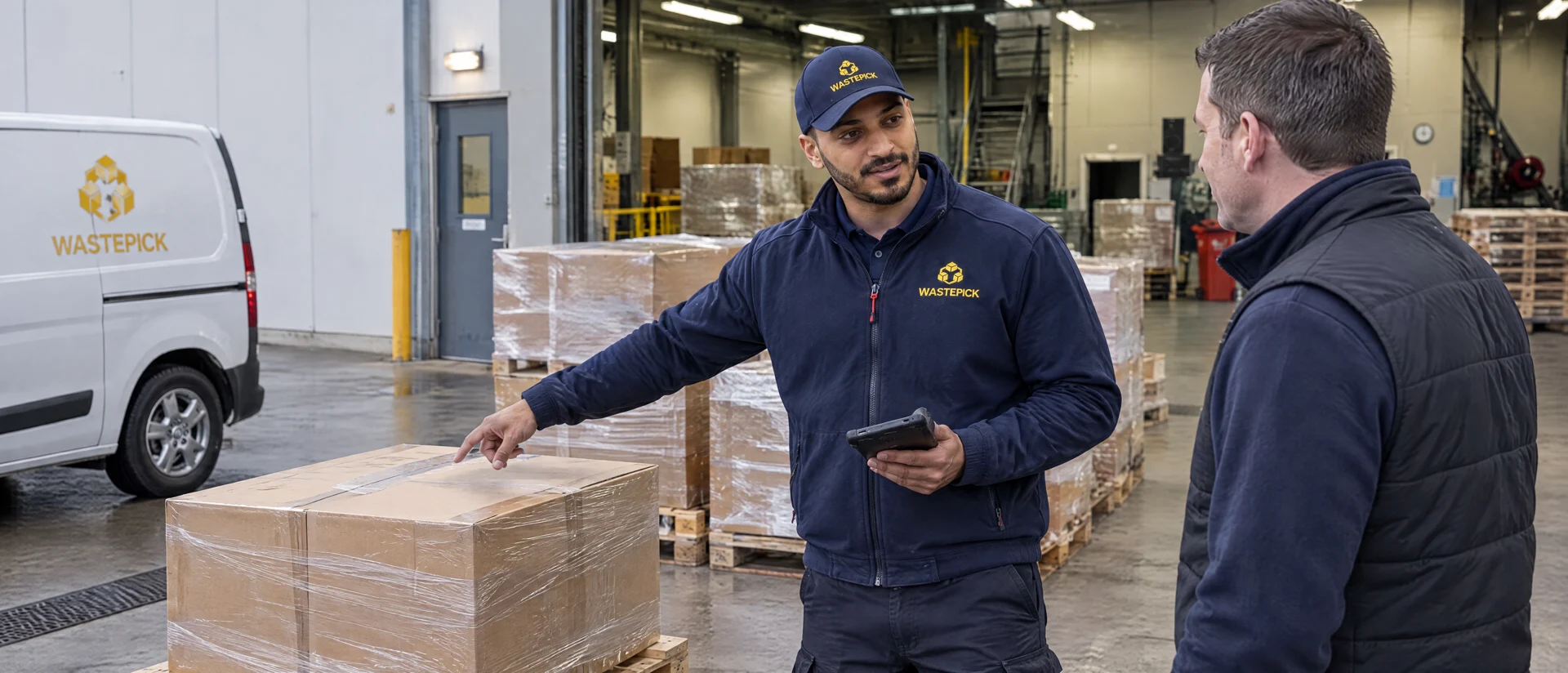 Illustrerad arbetssituation: en Wastepick-medarbetare går igenom hämtningen med en kund
