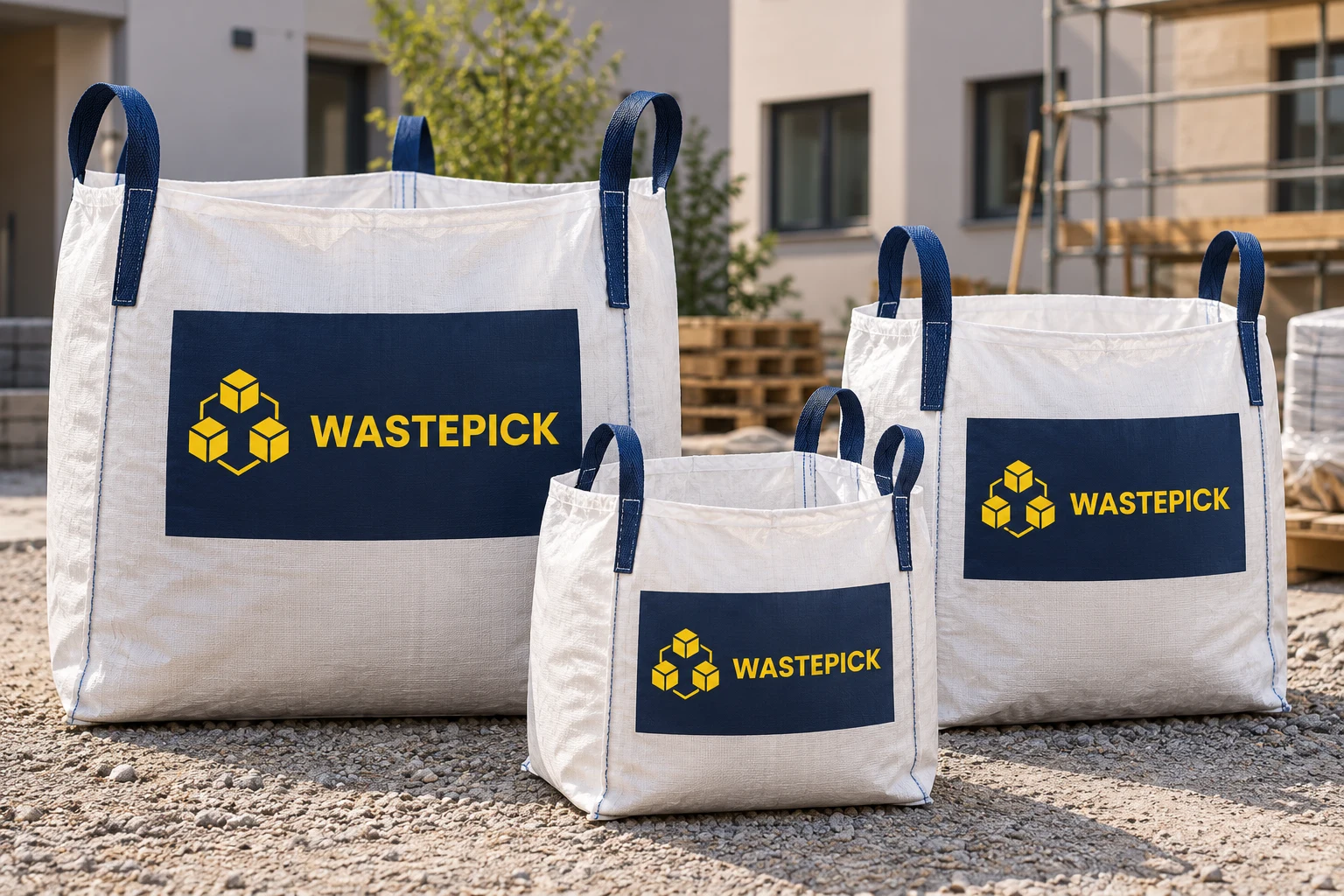 Vita byggsäckar med Wastepicks logga
